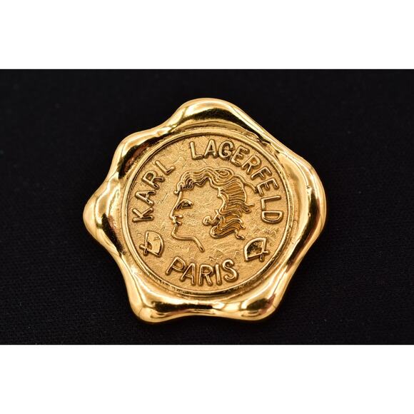 Karl Lagerfeld Jewelry - Karl Lagerfeld Vintage 1.25" Logo Seal Brooch Paris Medallion Gold Signed Bin5B